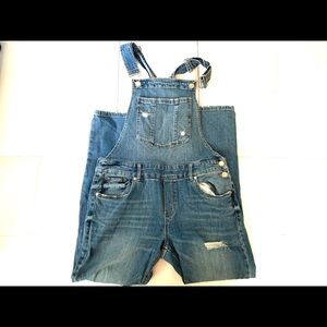 distressed denim overalls